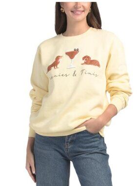 NWT PACIFIC & CO Yellow Graphic Crew Neck Dog Martini Cotton Blend Sweatshirt